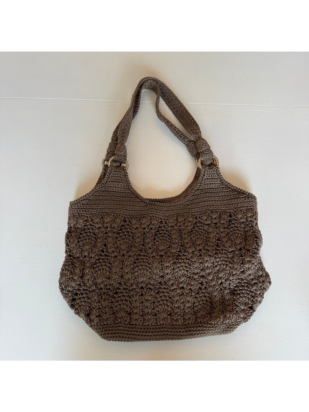 The Sak Brown Crochet Knit Hobo Slouchy Shoulder Bag Snap Closure Double Handle